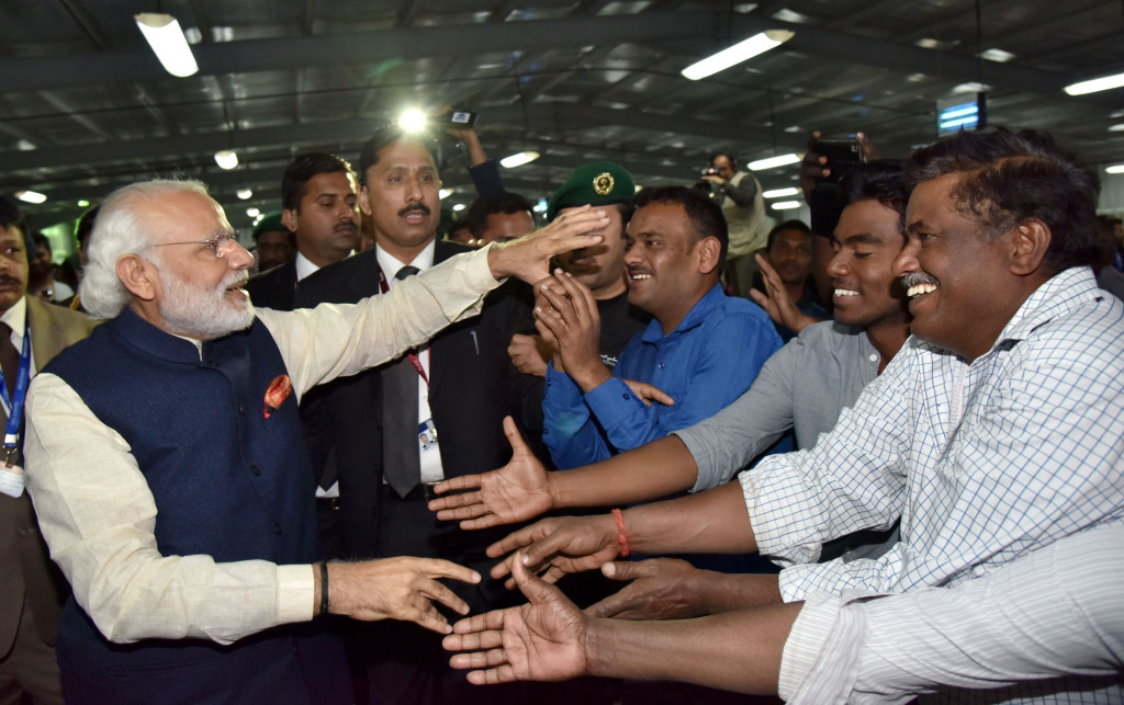The Prime Minister, Shri Narendra Modi interacting with the workers at the L&T residential complex, in Riyadh Saudi Arabia on April 02, 2016.
