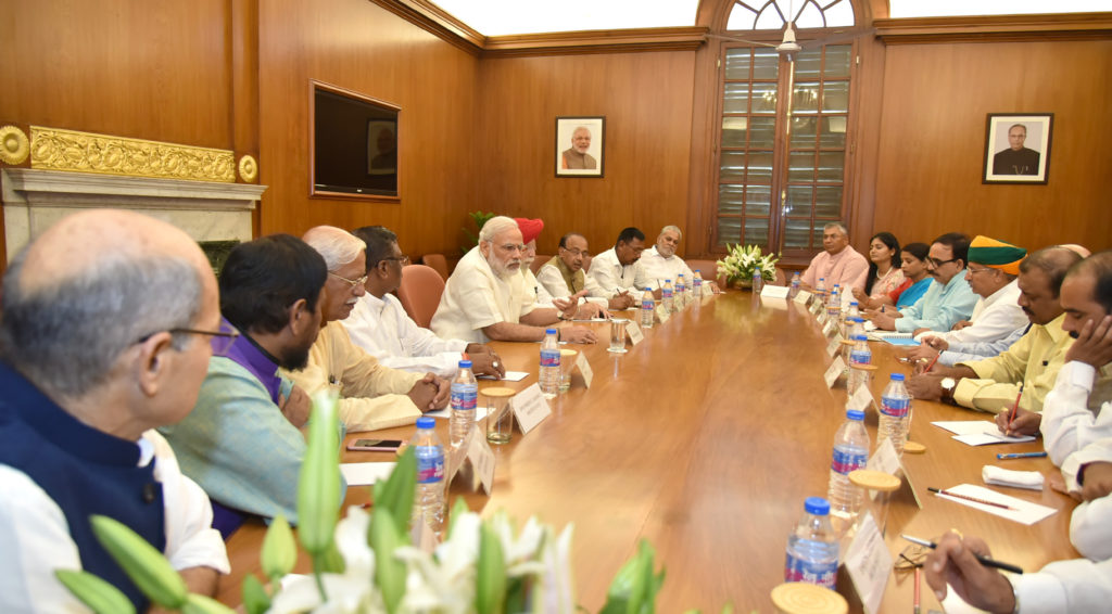 The Prime Minister, Shri Narendra Modi meeting the Ministers, who have been newly inducted into Union Council of Ministers, in New Delhi on July 05, 2016.